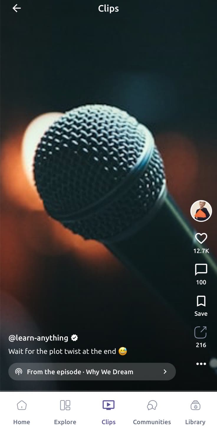Podzyme clips — vertical swipeable player with likes, comments and saves