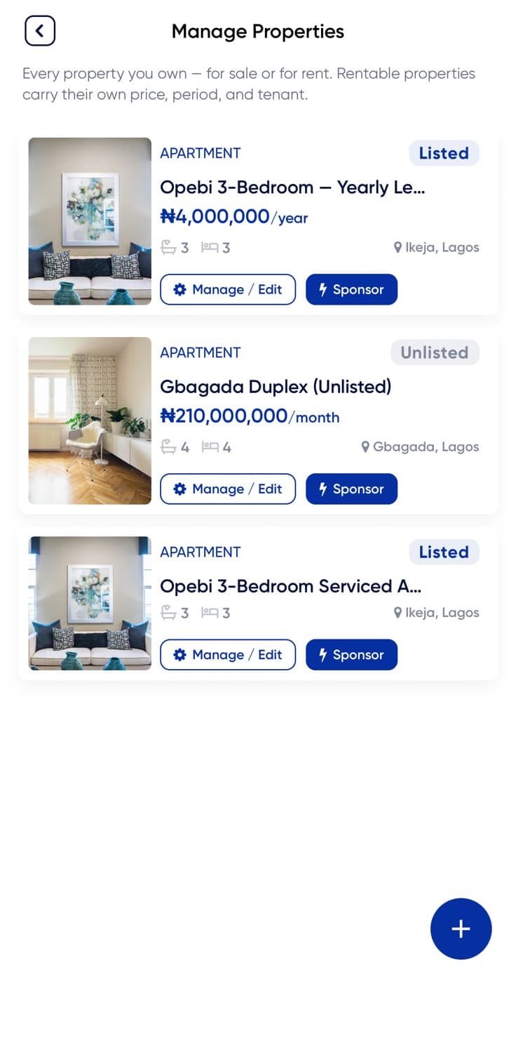 Rentwize app — property management with listing and sponsor controls